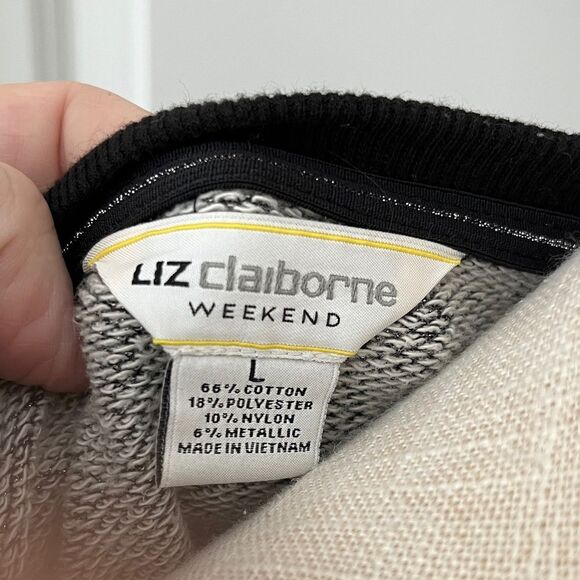 Liz Claiborne Black /White Heathered Crew Neck Sweatshirt Double Front Hem SZ L - Picture 2 of 5